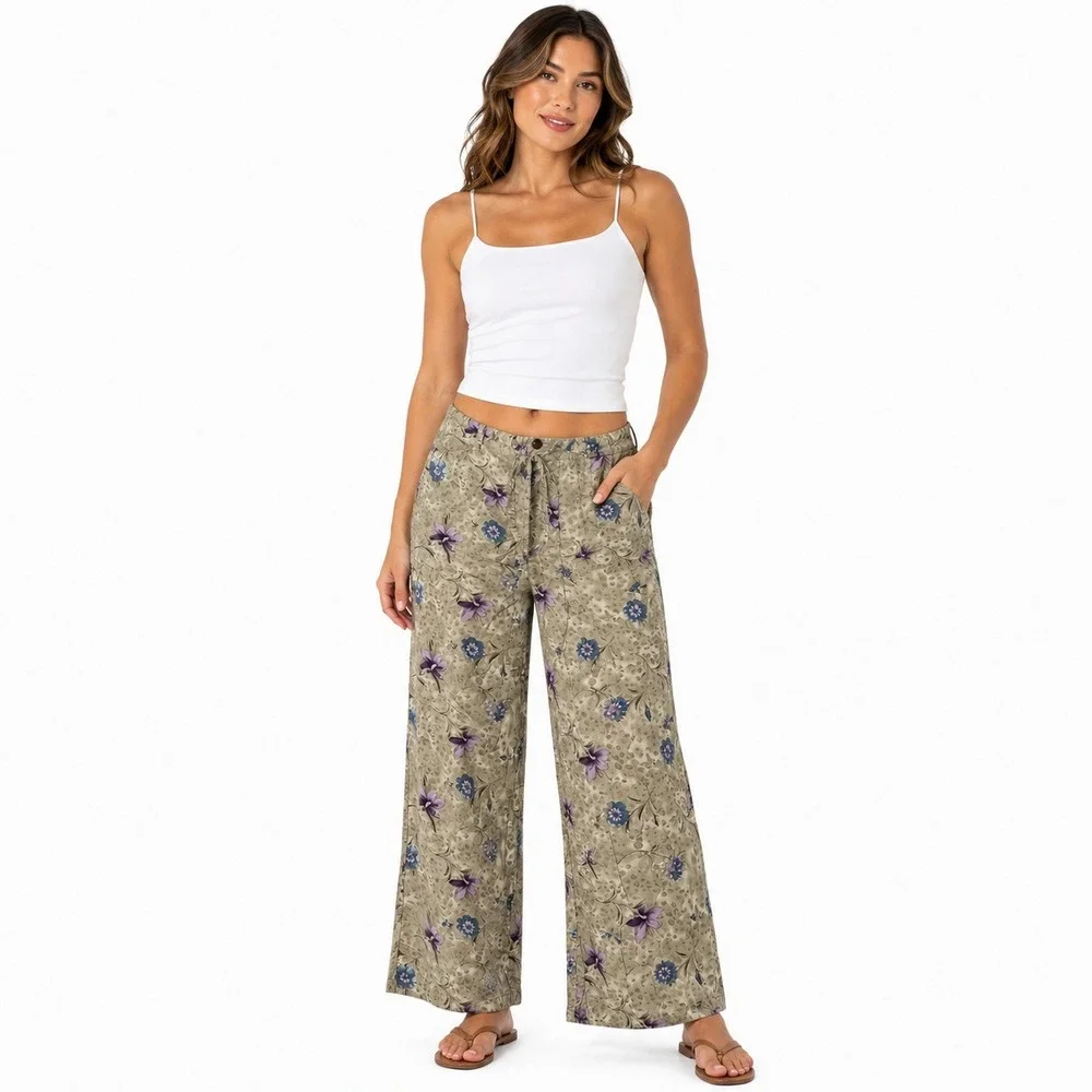 Island Traders Floral Wide Leg Pants Womens Small Tan Purple Rayon Boho Tropical